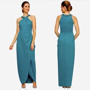 Alex Evenings teal embellished halter neck evening gown size 14